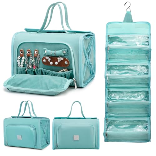 ROYALFAIR Roll Up Makeup Bag, Waterproof Toiletry Bag for Women, Hanging Travel Organizer with Jewelry Organizer Compartment, Extra Large 4 Clear TSA Approved (light blue) - color: Blue