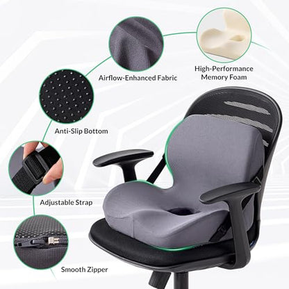 One-Piece Memory Foam Seat & Back Cushion - Lumbar Support, Adjustable Strap, Non-Slip Bottom - Breathable Removable Cover for Office Chair, Car, Truck (Grey) - color: Grey