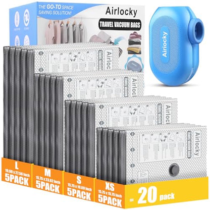 Travel Vacuum Storage Bags with Pump, Carry-on Compression Packing Bags + Portable Electric Pump, 80% Space Saver of Clothes, Vacuum Seal Bags for Clothing Travel Luggage, Pack of 20