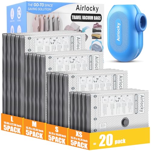 Travel Vacuum Storage Bags with Pump, Carry-on Compression Packing Bags + Portable Electric Pump, 80% Space Saver of Clothes, Vacuum Seal Bags for Clothing Travel Luggage, Pack of 20