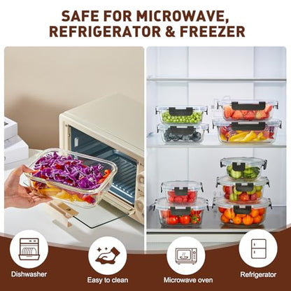 Liuruiyu 12 Pack Glass Food Storage Containers with Lids, Meal Prep Containers, Airtight Bento Boxes with Leak Proof Locking for Microwave, Oven, Freezer and Dishwasher, BPA Free - color: 12 Pack-(10.5-51.1oz)