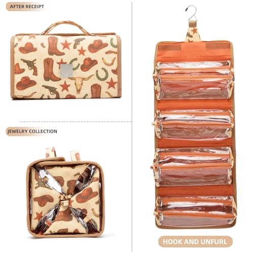 ROYALFAIR Roll Up Makeup Bag, Travel Toiletry Bag for Women with 4 Clear TSA Approved Pouches, Hanging Travel Organizer, Folding Cosmetic Bag for Men and Women - color: cowboy