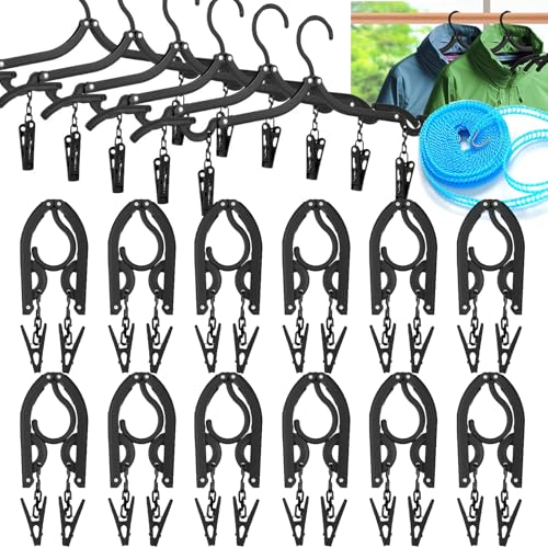 12 PCS Travel Hangers,Portable Folding Clothes Hanger,Travel Accessories Foldable Travel Hangers with Clips,Foldable Clothes Drying Rack for Travel,Black Plastic Non Slip Clothing Hangers - size: 12PCS