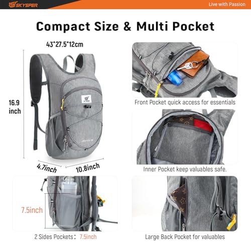 SKYSPER 15L/20L Foldable Hiking Backpack Lightweight Packable Travel Daypack with Chest Strap Small Folding Pack for Walking - color: Grey, size: 15l