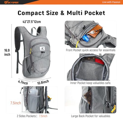 SKYSPER 15L/20L Foldable Hiking Backpack Lightweight Packable Travel Daypack with Chest Strap Small Folding Pack for Walking - color: Grey, size: 15l
