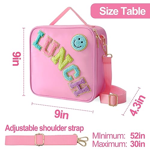 Insulated Lunch Bag With Adjustable Shoulder Strap, Nylon Preppy Lunch Box Large Insulated Lunch Bag Reusable Lunch Tote Bag with Smiley Preppy LunchBag for Girls School Travel Picnic (Pink) - color: Pink
