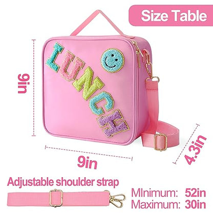 Insulated Lunch Bag With Adjustable Shoulder Strap, Nylon Preppy Lunch Box Large Insulated Lunch Bag Reusable Lunch Tote Bag with Smiley Preppy LunchBag for Girls School Travel Picnic (Pink) - color: Pink
