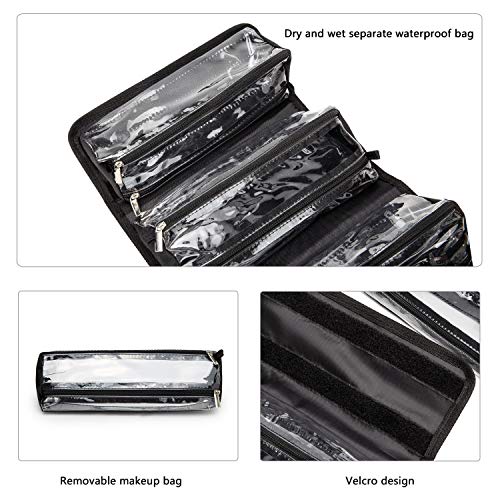 ROYALFAIR Roll Up Makeup Bag, Travel Toiletry Bag for Women with 4 Clear TSA Approved Pouches, Hanging Travel Organizer, Folding Cosmetic Bag for Men and Women - color: Black