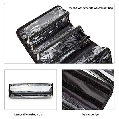ROYALFAIR Roll Up Makeup Bag, Travel Toiletry Bag for Women with 4 Clear TSA Approved Pouches, Hanging Travel Organizer, Folding Cosmetic Bag for Men and Women - color: Black