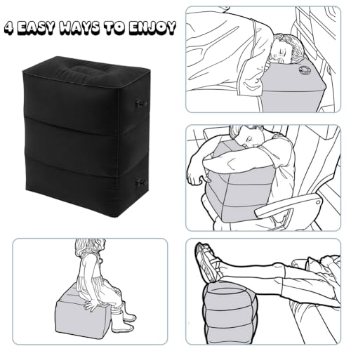 Travel Foot Rest Pillow, Portable Inflatable with Double Hand Pump Adjustable Three Layers Height Pillow for Foot Rest on Airplanes,Cars,Buses,Trains,Office Kids to Sleep on Long Flights (Black) - color: Black