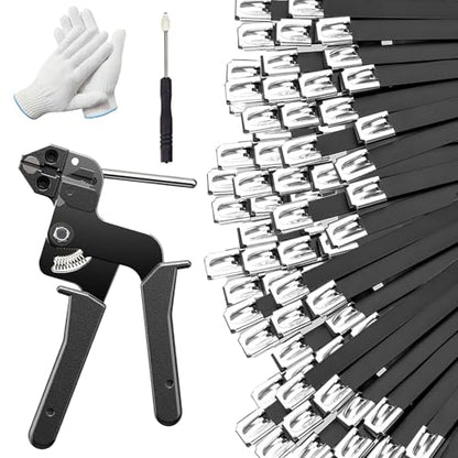 300 PCS 11.8 Inch Black Galvanized Steel Cable Ties Kit with Cable Tie Gun, Screwdriver and Protective Gloves, Heavy Duty 304 Metal Zip Ties Complete Tool Set for Industrial, Automotive, Fence Use - color: Black, size: 300PCS 1.81x11.8 Inch