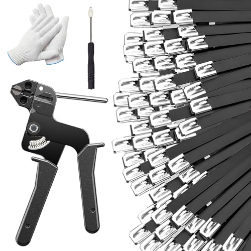 300 PCS 11.8 Inch Black Galvanized Steel Cable Ties Kit with Cable Tie Gun, Screwdriver and Protective Gloves, Heavy Duty 304 Metal Zip Ties Complete Tool Set for Industrial, Automotive, Fence Use - color: Black, size: 300PCS 1.81x11.8 Inch