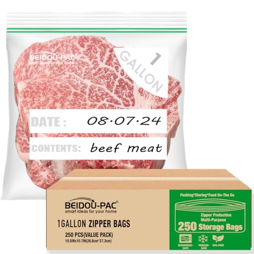 BEIDOU-PAC Gallon Food Storage Freezer Bags, 250 Count | Double Zipper | 10.5" * 10.7", Freshness Easy Open Reclosable Clear Plastic Bags - style: Zip | gal 250 count