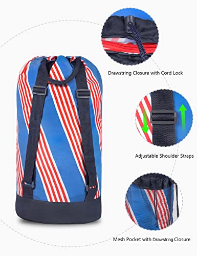 Dalykate Backpack Laundry Bag with Shoulder Straps and Mesh Pocket Durable Nylon Clothes Hamper Bag with Drawstring Closure for College, Travel, Laundromat, Apartment - color: Stripe Blue