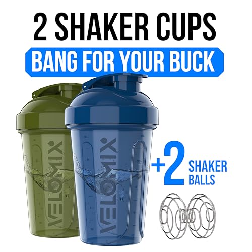 VELOMIX -2 Pack- 20 oz Protein Shaker Bottles for Protein Mixes - 2x Wire Whisk | Leak Proof Shaker Cups for Protein Shakes and Pre Workout | Protein Shaker Bottle Pack (B3) Green/Blue - color: B3) Green/Blue