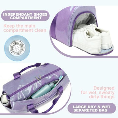 Gym Bag Sports Duffle Bag with Wet Pocket Weekender Overnight Bags with Waterproof Shoe Pouch and Air Hole for Girls Kids Women Workout Travel Bags (Purple) - color: Purple