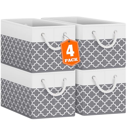 Fab totes Storage Bins 4-Pack, Foldable Storage Baskets for Organizing Toys, Books, Shelves, Closet, Large Storage Box with Rope Handles, Sturdy Organizer Bins,Clover Grey - color: Clover Grey, size: 4pack