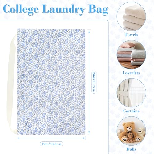 College Laundry Bag 29"×18", Waterproof Dirty Clothes Bag with Handles & Locking Drawstring, Large Capacity Floral Laundry Backpack for Dorm, Laundromat, Apartment, Travel & Camping (Blue)