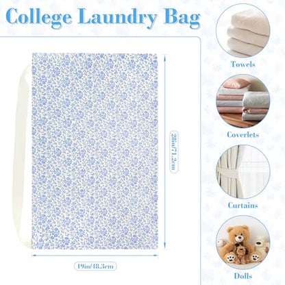 College Laundry Bag 29"×18", Waterproof Dirty Clothes Bag with Handles & Locking Drawstring, Large Capacity Floral Laundry Backpack for Dorm, Laundromat, Apartment, Travel & Camping (Blue)