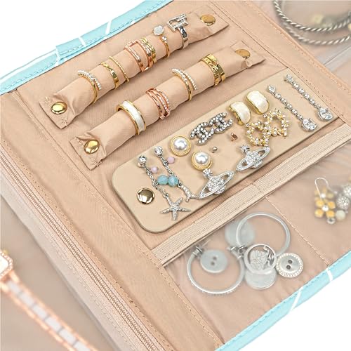 PAVILIA Travel Jewelry Case Organizer, Foldable Jewelry Travel Roll Bag, Small Jewelry Travel Pouch Wallet for Earrings, Rings, Necklaces, Bracelets, Travel Packing Accessories (Chevron Teal) - color: Chevron Teal
