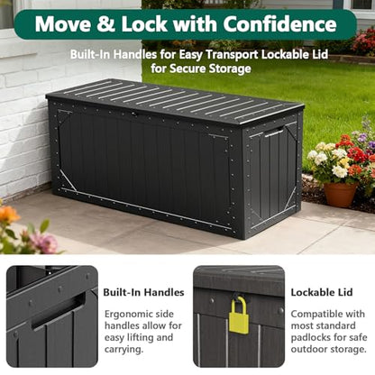 100 Gallon Outdoor Storage Box, Waterproof Resin Deck Box Organizer for Patio Cushion Storage, Lockable Outside Container for Garden Tools