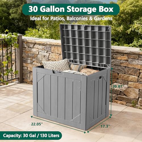 Outdoor Storage Box - 30 Gallon Waterproof Resin Deck Box, Lockable Patio Storage Bench for Package Delivery, Cushions & Garden Tools, UV Resistant (Grey)