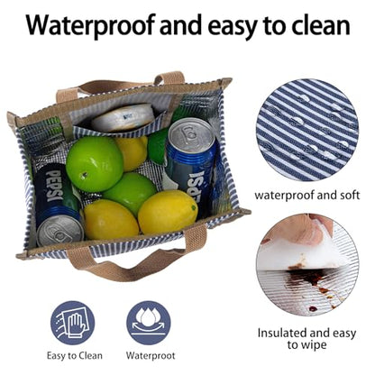 Insulated Lunch Bag for Work, 10.2"x5.9"x10.2" Oxford Waterproof Striped Canvas Tote Bag - color: Blue White