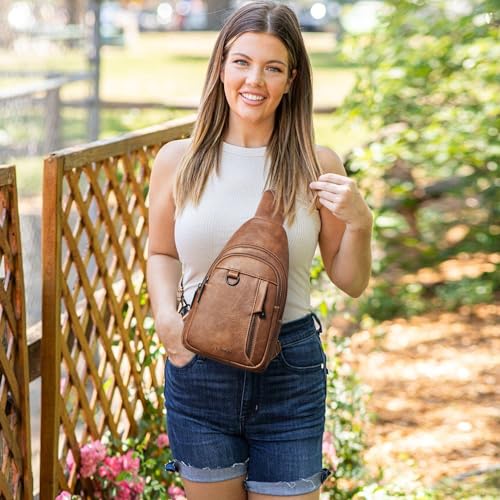 LATMAP 7L Sling Bag for Women Men Leather Small Sling Backpack Daypack Anti Theft Fanny Pack Crossbody Purse Travel - color: Regular Size-brown