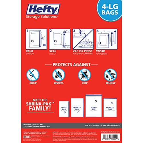 Hefty Shrink-Pak - 4 Large Vacuum Storage Bags for Clothes, Pillows, Towels, or Blankets - Space Saver Vacuum Sealer Bags Ideal Under Bed Storage Solutions - style: 4 Large / Clothing