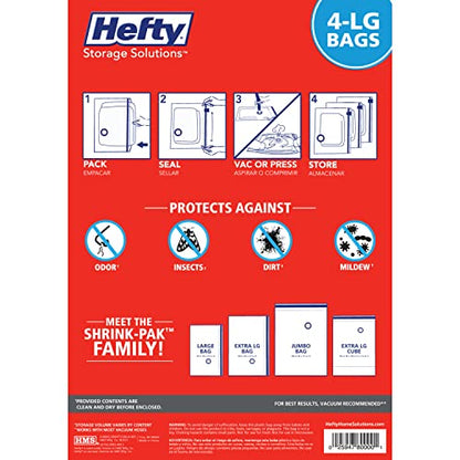 Hefty Shrink-Pak - 4 Large Vacuum Storage Bags for Clothes, Pillows, Towels, or Blankets - Space Saver Vacuum Sealer Bags Ideal Under Bed Storage Solutions - style: 4 Large / Clothing