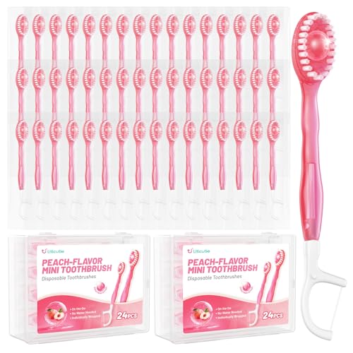 48 Pack 5-in-1 Disposable Toothbrushes,Peach Flavor | Portable Travel Set,With Toothpaste, Floss, Pick & Tongue Scraper, Individually Wrapped, For Kids Adults,Work Camping - color: Peach Flavor, size: 1 Count (Pack of 48)