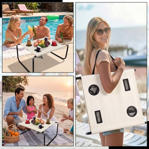 Portable Beach Table Foldable Camping Picnic Table with Cup Holder and Phone Pockets Lightweight Stable for Tailgate Travel Fishing Hiking and Outdoor Adventures(White,Solid Pattern) - color: White