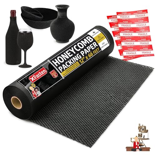 Black Honeycomb Packing Paper for Moving 12-Inch x 66-Feet Bubble Honeycomb Wrap, Honeycomb Wrapping Paper for Packing Cushion with 20 Fragile Stickers Packing Supplies by XFasten - color: Black, size: 12-Inch x 66-Feet