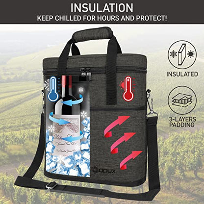 opux 3 Bottle Wine Carrier Tote, Insulated Leakproof Wine Cooler Bag, Wine Travel Bag for Picnic BYOB Beach, Portable Wine Bottle Carrying Case, Gift for Wine Lover Women Men Christmas, Charcoal Grey - color: Charcoal Gray
