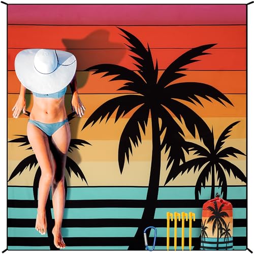 HIHOHO Beach Blanket Waterproof Sandproof Extra Large Beach Mat 79" X 83"/120"x108"for 1-8 Adults Quick Drying Durable Outdoor Picnic Mat for Beach Travel Camping Hiking - color: Coconut Tree-striped Sunrise, size: 79" X 83"（1~3 person）