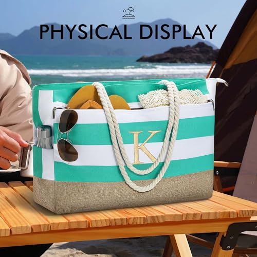 YOOLIFE Large Initial Beach Bag Waterproof Tote Zipper Bag Personalized Gifts for Women Her Birthday Travel Beach Essential - color: Light Blue, style: L