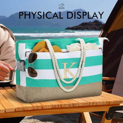 YOOLIFE Large Initial Beach Bag Waterproof Tote Zipper Bag Personalized Gifts for Women Her Birthday Travel Beach Essential - color: Light Blue, style: L