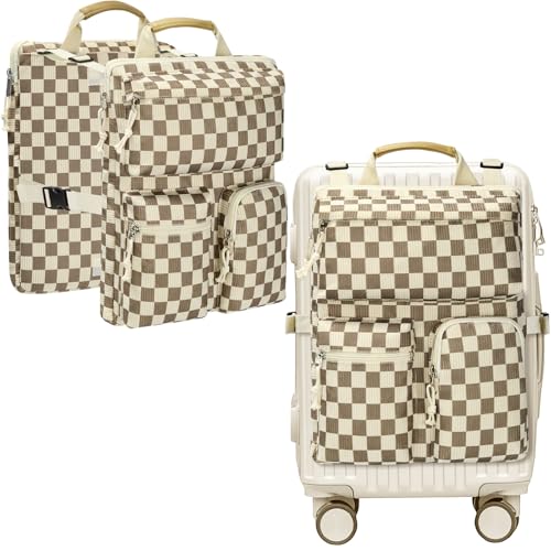 Over Luggage Organizer Bag for Suitcase with Multi Pockets, 16” Laptop Bag with Handle, Portable Travel Organizer Bags for Luggage with Adjustable Strap for Men Women(Corduroy Brown Checkered) - color: Corduroy Brown Checkered