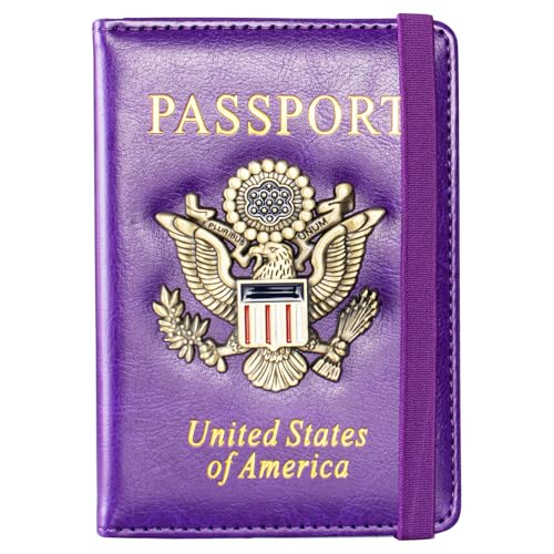 Passport Holder and Card Slot Combo RFID Blocking Leather Travel Passport Wallet for Men and Women US Passport Cover, Purple - color: Purple