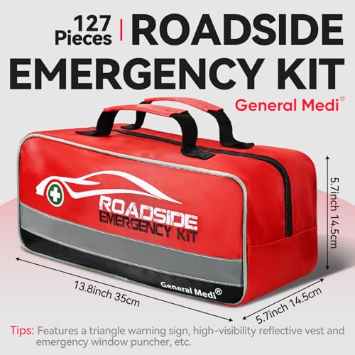 General Medi 127-Pieces Roadside Car Emergency Kit Include Mini First Aid Kit, Jumper Cables,Tow Rope, Bandage, Safety Vest, Emergency Triangle, All in One Pack