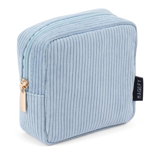MAGEFY Small Makeup Bag for Purse Mini Cosmetics Bag Corduroy Cute Cosmetic Pouch for Women with Slip-in Pockets - color: Small-Blue-1pcs