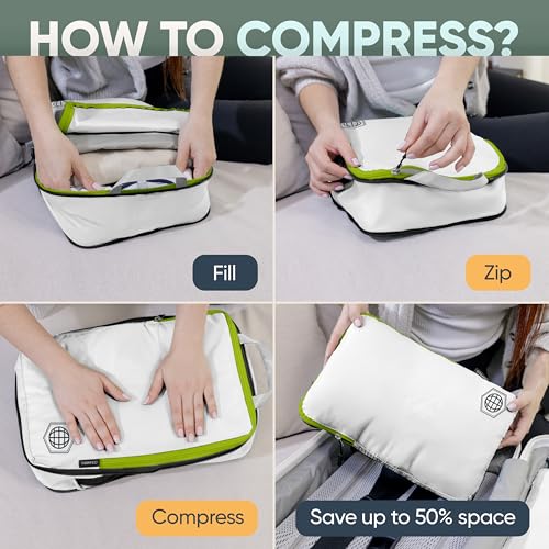 Large Compression Packing Cubes for Travel-Packing Cube Luggage Organizers 7 Piece Set for Checked Luggage-Ultralight, Expandable/Compression Bags by TRIPPED Travel Gear (White/Green) - color: White/Green