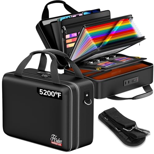 5200℉ Fireproof Document Box with lock, Hard-Shell Case File Organizer with 24 Pocket Accordion File Folder, Portable Safe Box with Shoulder Strap for Home Important Documents Laptop Black