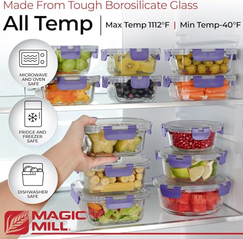 Magic Mill Premium Borosilicate Glass Food Storage Containers with lids Set | 24pc Sets with 12 Bowls & 12 Airtight Locking Lids for Lunch & Meal Prep, Safe for Oven, Freezer, Dishwasher, BPA-Free - color: Purple
