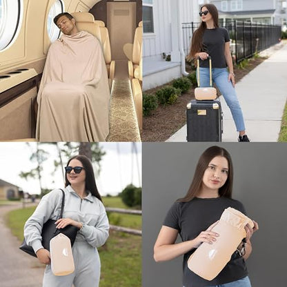 BlueHills Ultra Compact Travel Blanket Pillow for Airplane Traveling Essential Long Flight Trip Throw in Bag Portable Case Large Plane Accessories Beige - C007 - color: C007-beige