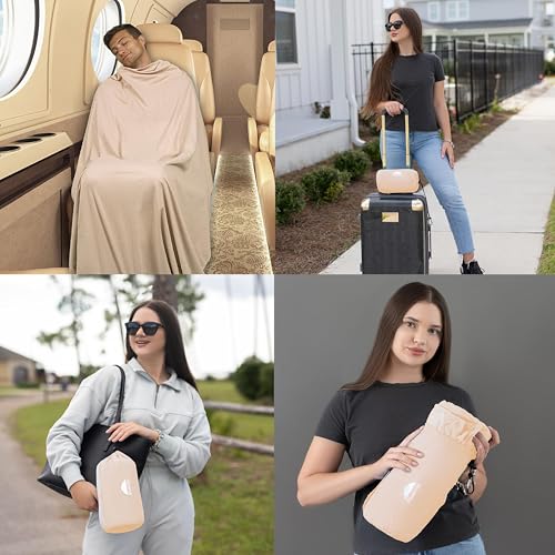 BlueHills Ultra Compact Travel Blanket Pillow for Airplane Traveling Essential Long Flight Trip Throw in Bag Portable Case Large Plane Accessories Beige - C007 - color: C007-beige