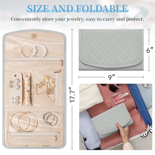 Travel Jewelry Holder Organizer Case, Foldable Jewelry Roll Storage Bag for Necklaces Rings Earrings Bracelets, Large, Grey