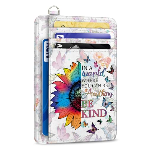 Yonlevres Credit Card Holder Slim Wallet, Be Kind Sunflower RFID Wallet Women Front Pocket Small Card Holder Travel Funny Cute Thin Card Case ID Window PU Leather RFID Blocking Card Organizer Gift - color: Be Kind Sunflower