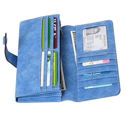Women's Vegan Leather 17 Card Slots Card Holder Long Big Bifold Wallet - color: Light Blue