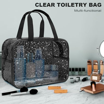 Clear Black Star Large Makeup Bag with Star Pattern 12x5x8 inch, Travel Cosmetic Bag with Handle, Durable PVC Material Washbag Zipper Opening Design for Makeup Travel Organizer or Gym Use - color: Black, style: Star